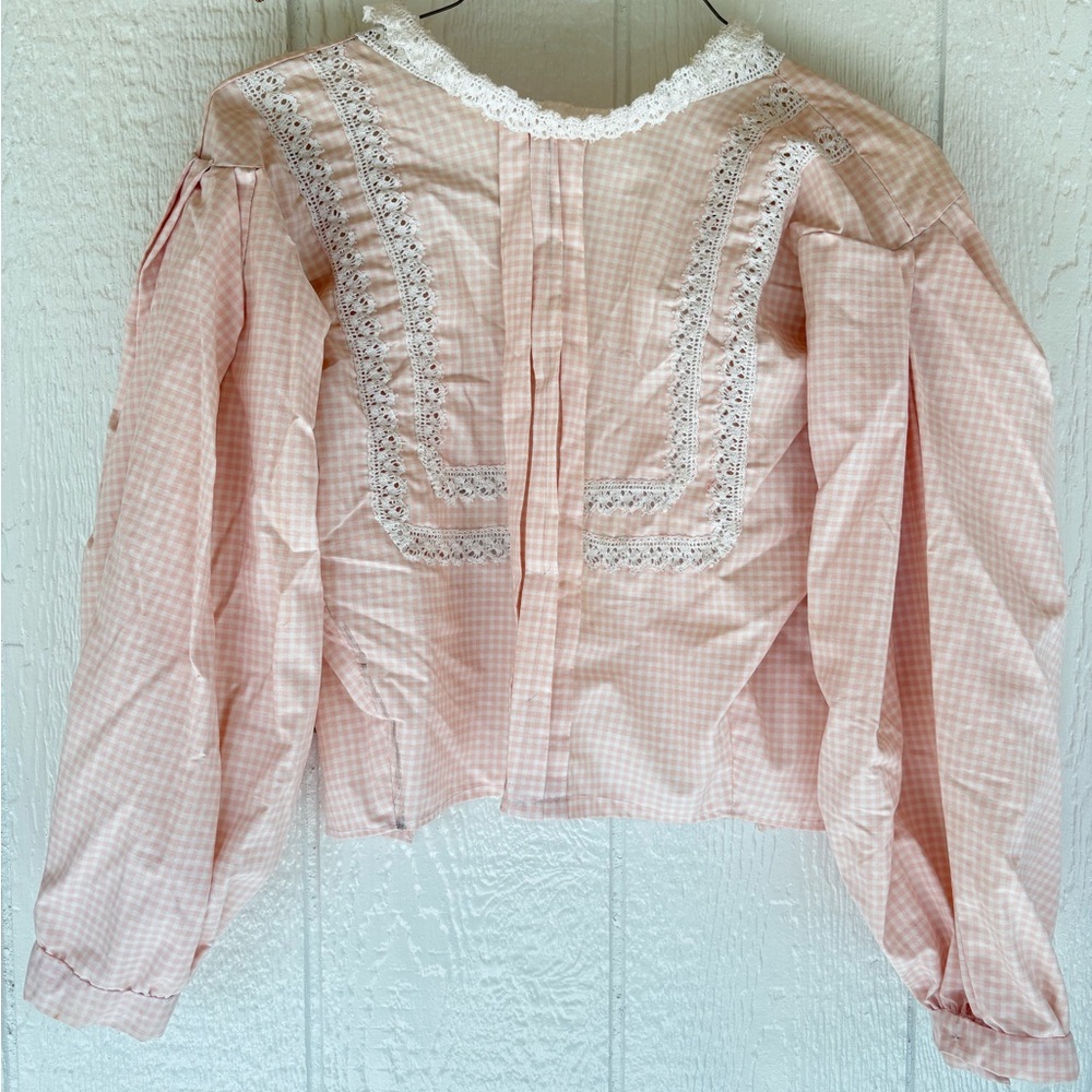 Handmade Pink Gingham Blouse with Lace Details